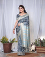 Timeless Blue and Silver Banarasi Silk Saree with Floral Design and Tassels