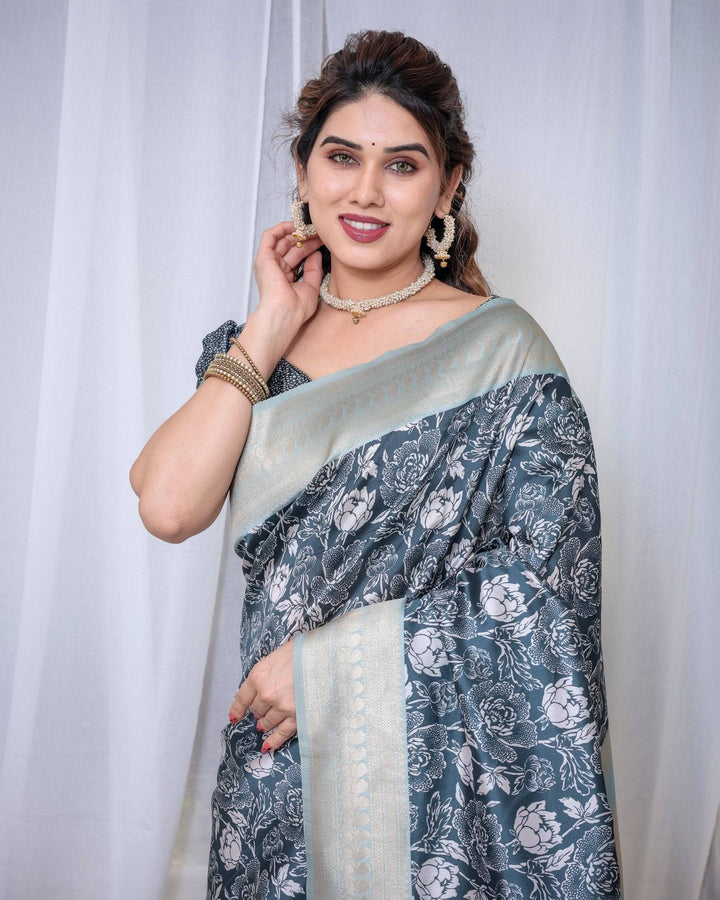 Timeless Blue and Silver Banarasi Silk Saree with Floral Design and Tassels