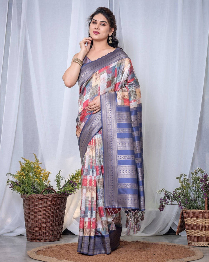 Blue Banarasi Silk Saree with Multicolor Patchwork Digital Print, Zari Border & Tassel Pallu