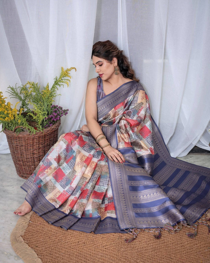 Blue Banarasi Silk Saree with Multicolor Patchwork Digital Print, Zari Border & Tassel Pallu