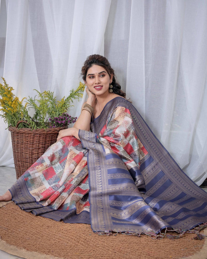 Blue Banarasi Silk Saree with Multicolor Patchwork Digital Print, Zari Border & Tassel Pallu