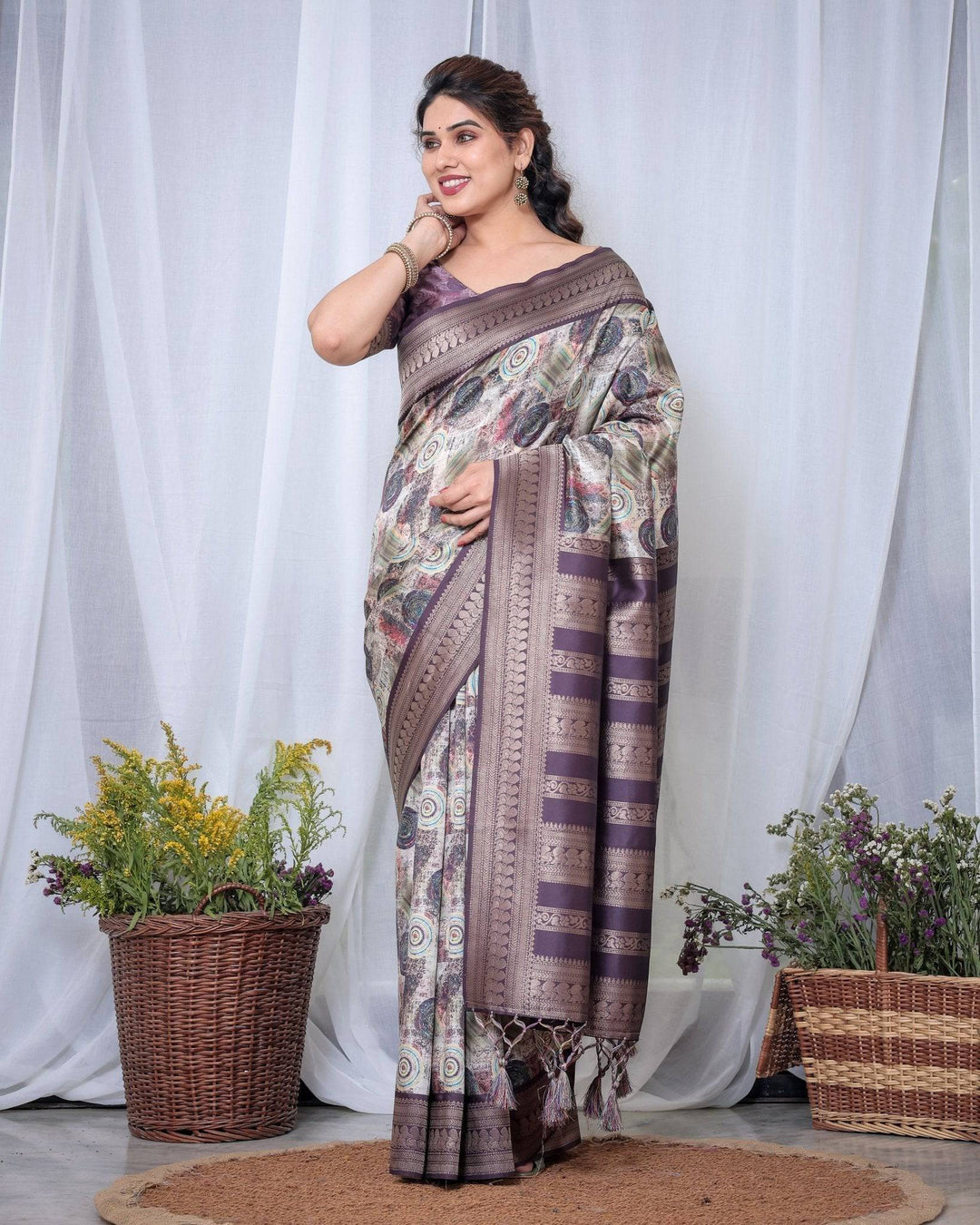 Ethereal Lavender Banarasi Silk Saree with Circular Motif Tassels