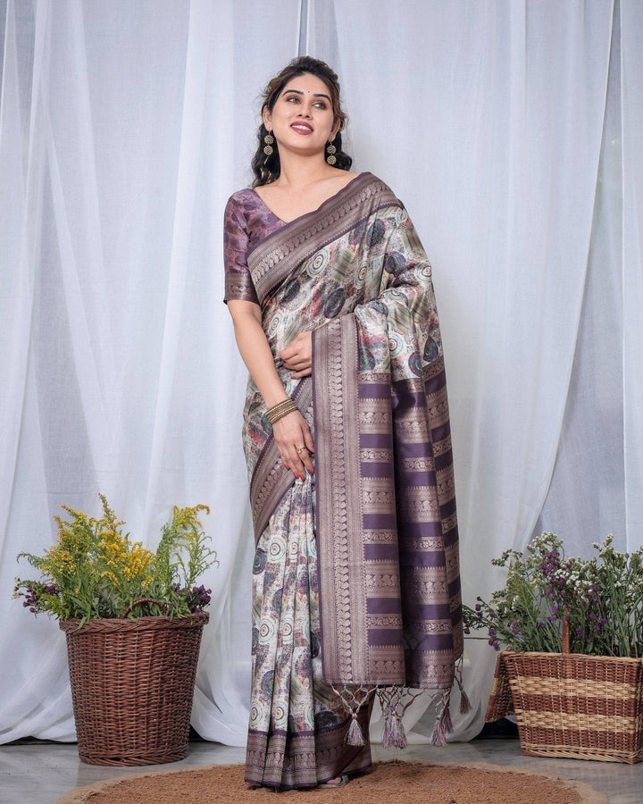 Ethereal Lavender Banarasi Silk Saree with Circular Motif Tassels