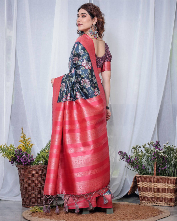 Regal Navy Blue and Pink Floral Banarasi Silk Saree with Tassels