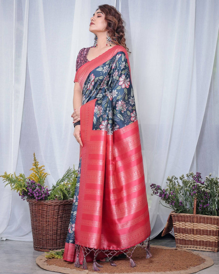 Regal Navy Blue and Pink Floral Banarasi Silk Saree with Tassels