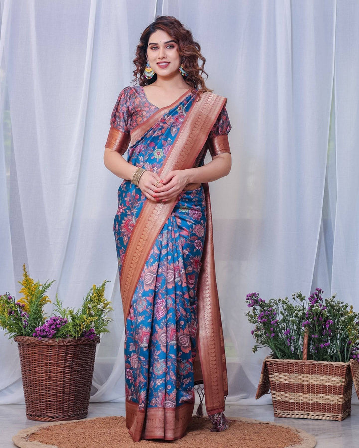 Regal Blue and Copper Zari Digital Print Silk Saree with Tassels