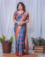 Regal Blue and Copper Zari Digital Print Silk Saree with Tassels