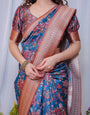 Regal Blue and Copper Zari Digital Print Silk Saree with Tassels