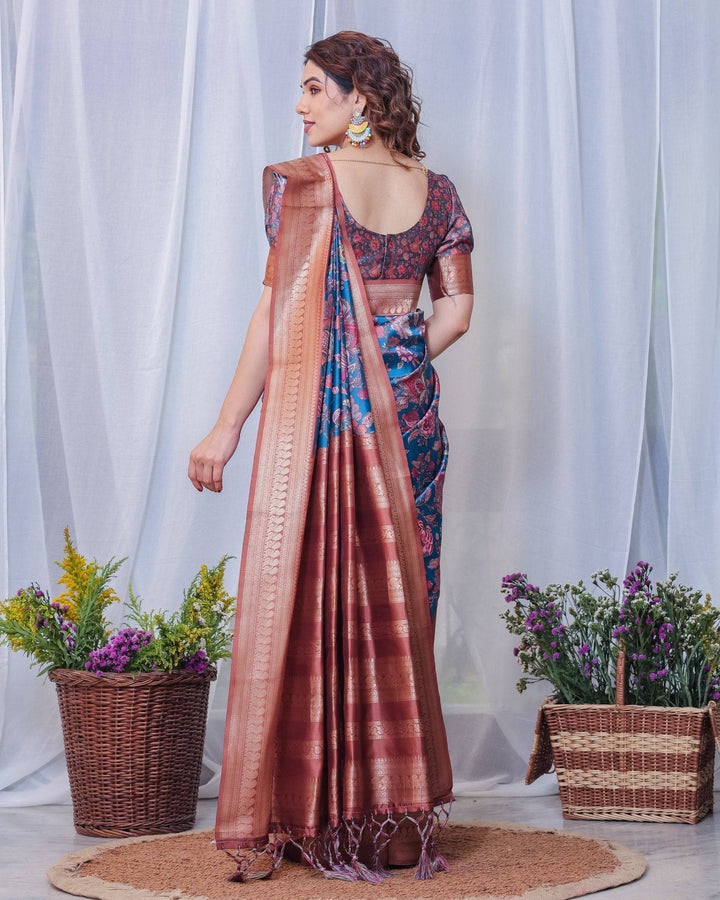 Regal Blue and Copper Zari Digital Print Silk Saree with Tassels