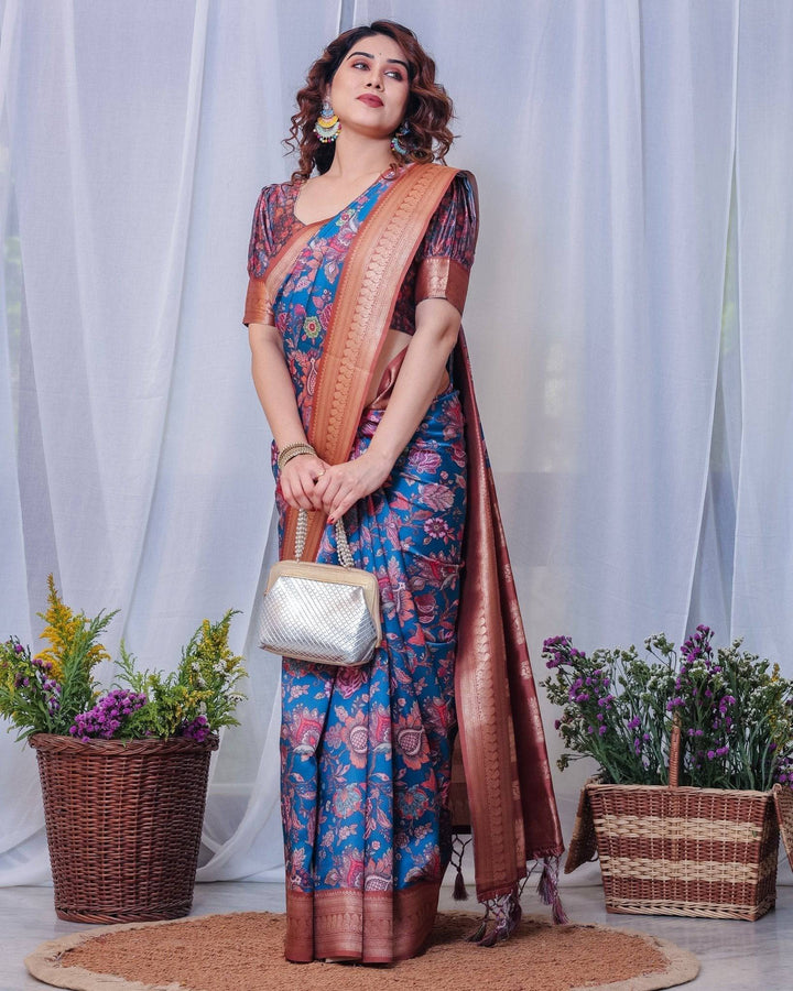 Regal Blue and Copper Zari Digital Print Silk Saree with Tassels