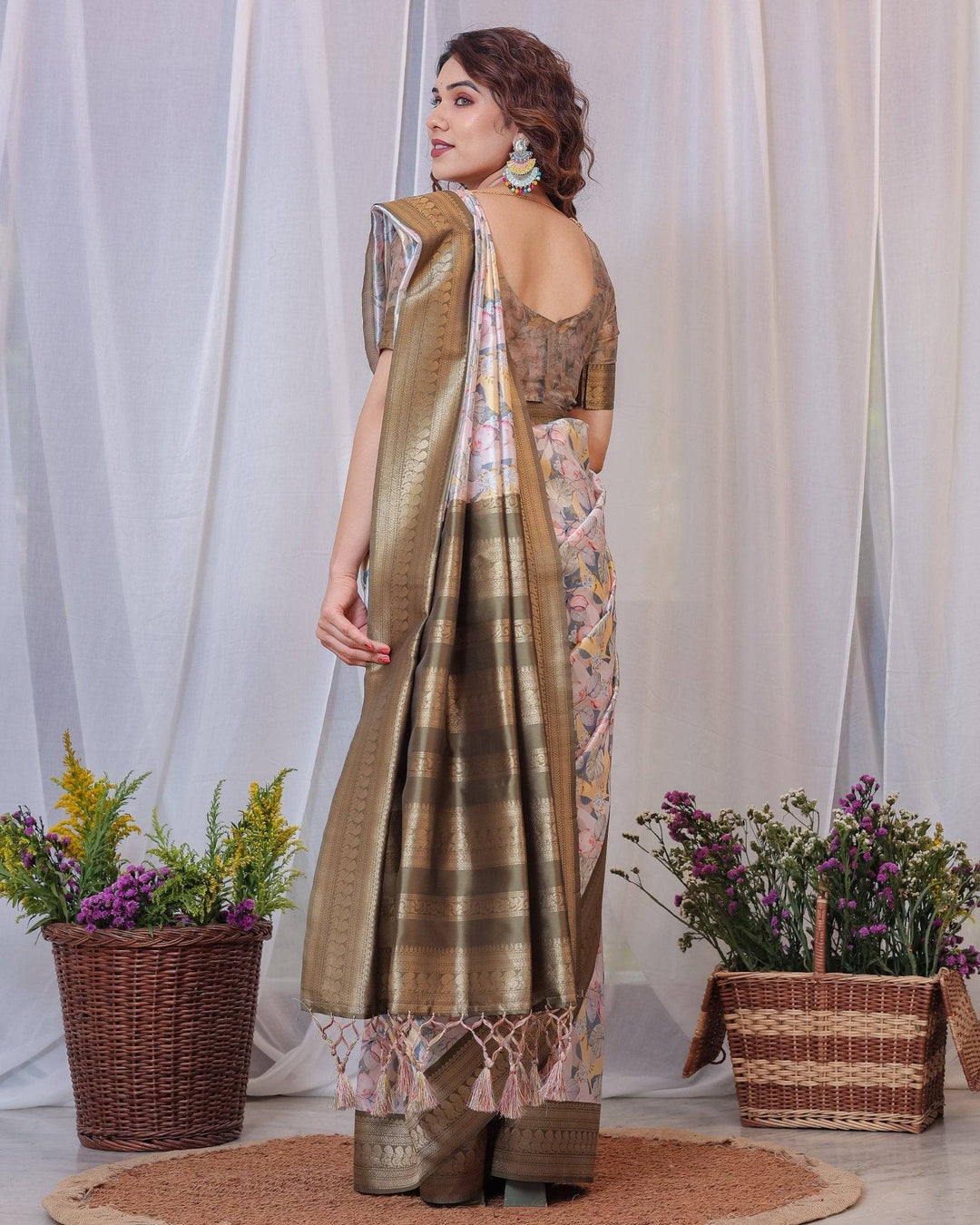 Sophisticated White and Olive Floral Digital Print Silk Saree with Zari Tassels