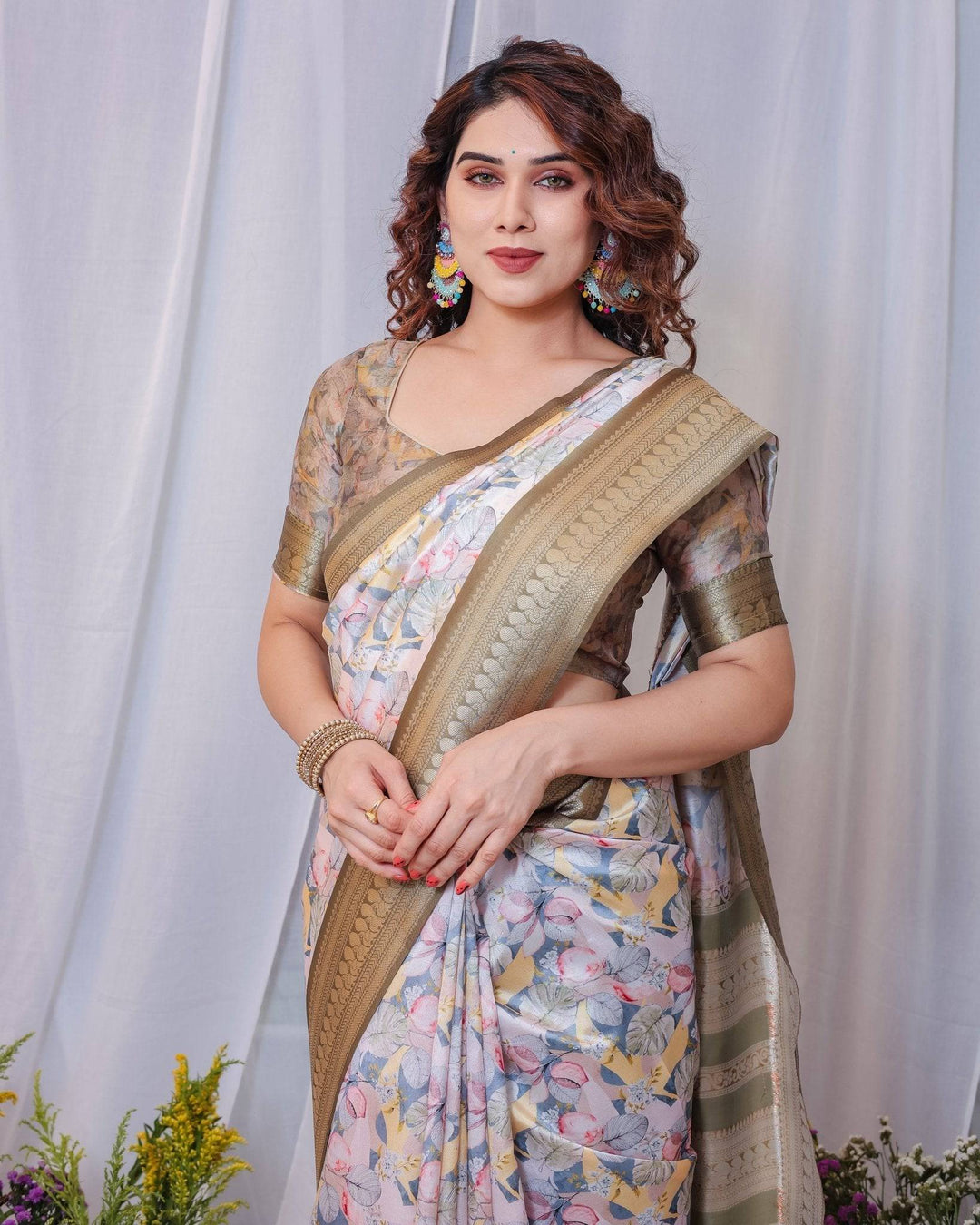 Sophisticated White and Olive Floral Digital Print Silk Saree with Zari Tassels