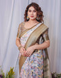 Sophisticated White and Olive Floral Digital Print Silk Saree with Zari Tassels