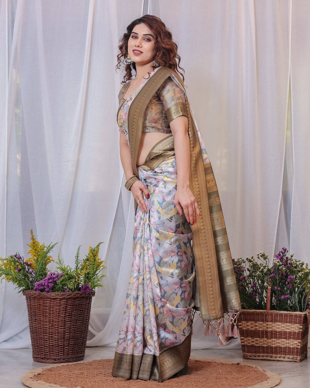 Sophisticated White and Olive Floral Digital Print Silk Saree with Zari Tassels