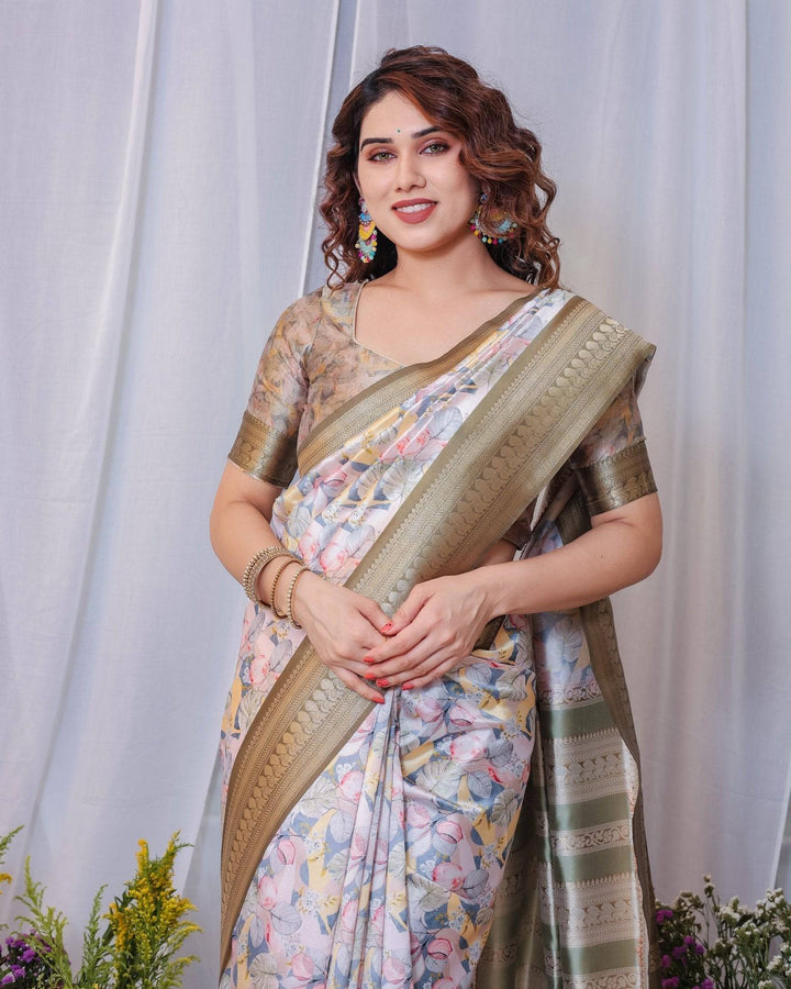 Sophisticated White and Olive Floral Digital Print Silk Saree with Zari Tassels