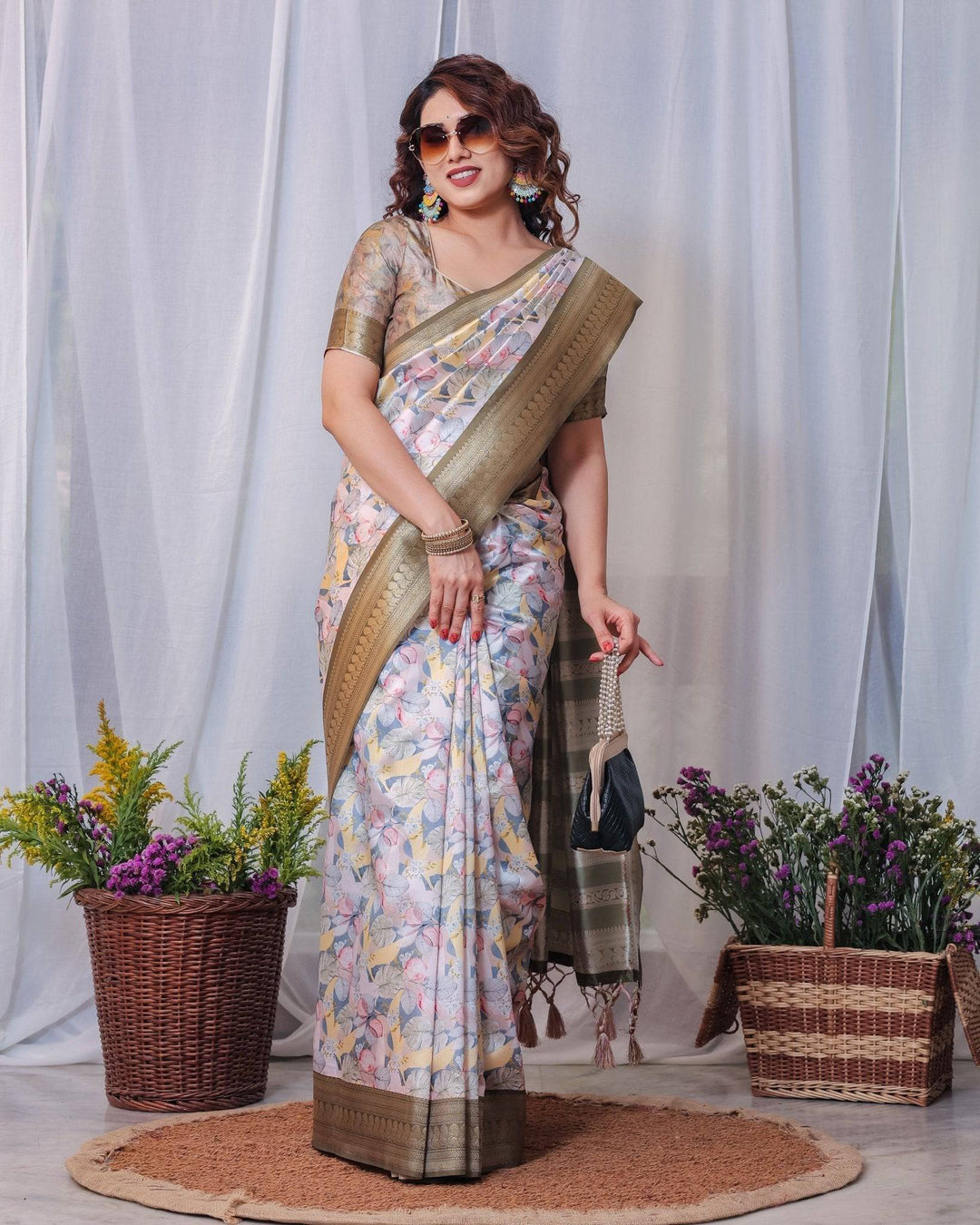 Sophisticated White and Olive Floral Digital Print Silk Saree with Zari Tassels