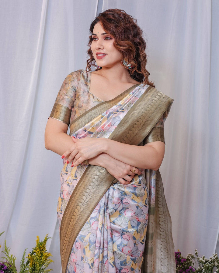 Sophisticated White and Olive Floral Digital Print Silk Saree with Zari Tassels