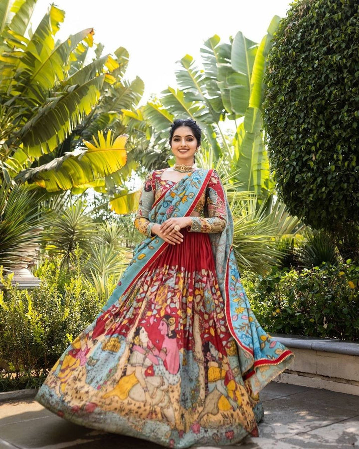 Rust Red and Aqua Blue Kalamkari Printed Lehenga Choli Set with Dupatta