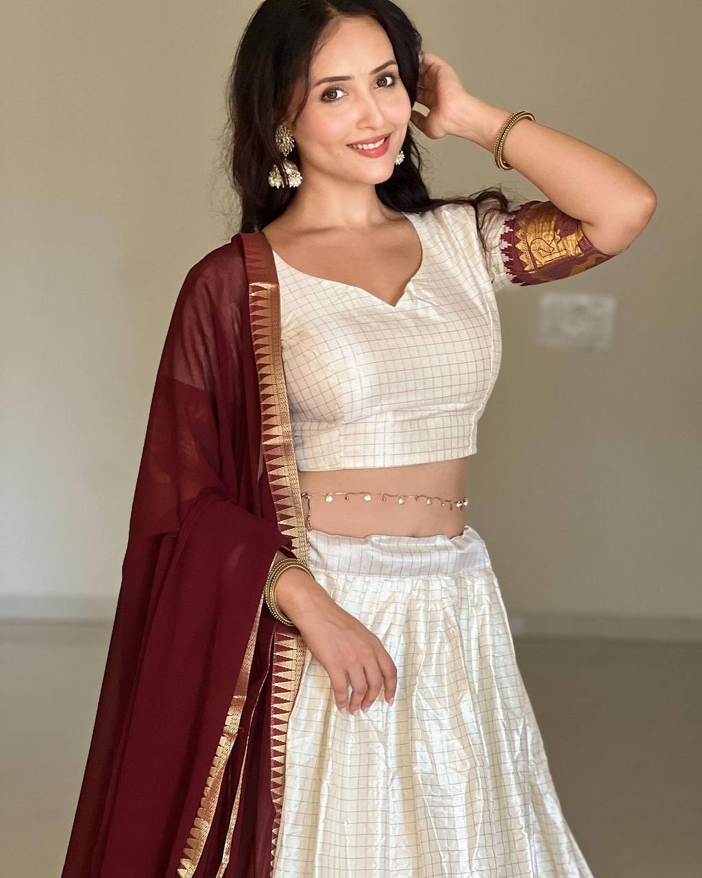 Ivory and Maroon Checked Lehenga Choli Set with Dupatta