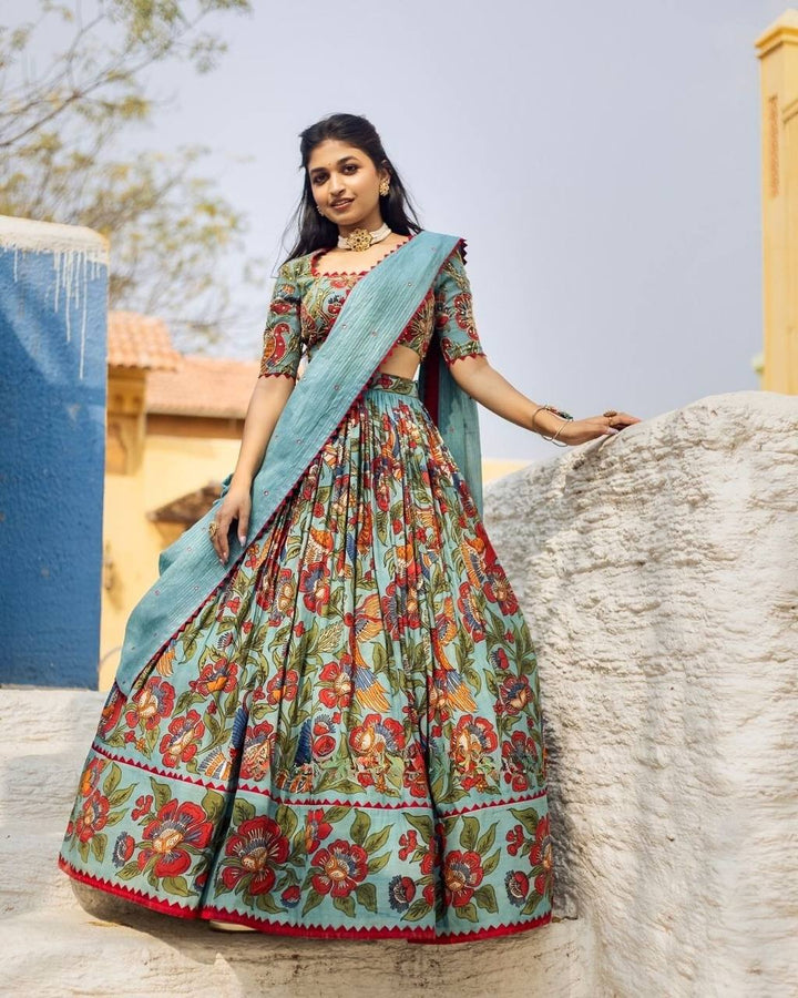 Aqua Blue Floral Kalamkari Printed Lehenga Choli Set with Dupatta