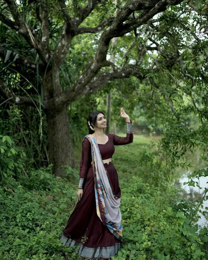 Maroon Kalamkari Printed Lehenga Choli Set with Dupatta