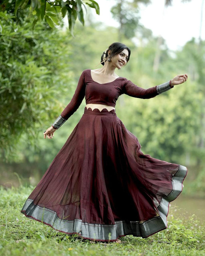 Maroon Kalamkari Printed Lehenga Choli Set with Dupatta