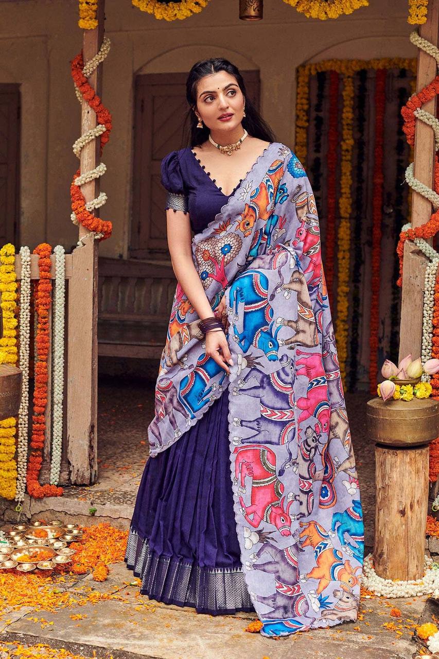 Royal Blue Kalamkari Printed Lehenga Choli Set with Dupatta