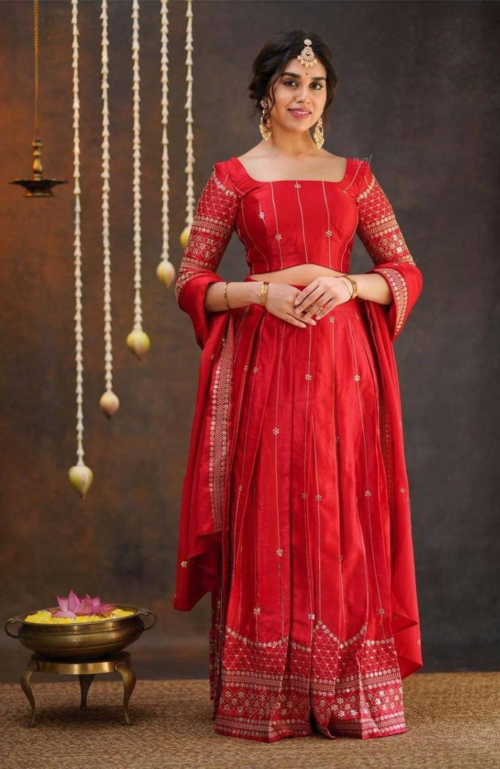 Scarlet Red Embroidered Zari & Sequence Lehenga Choli Set with Dupatta