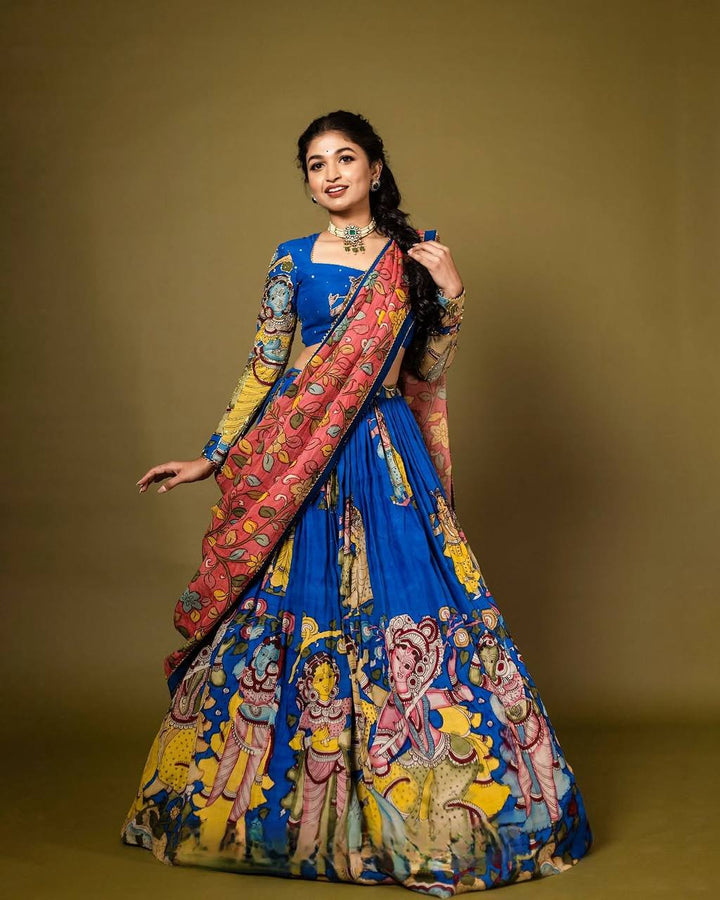 Royal Blue Kalamkari Printed Lehenga Choli Set with Contrasting Dupatta