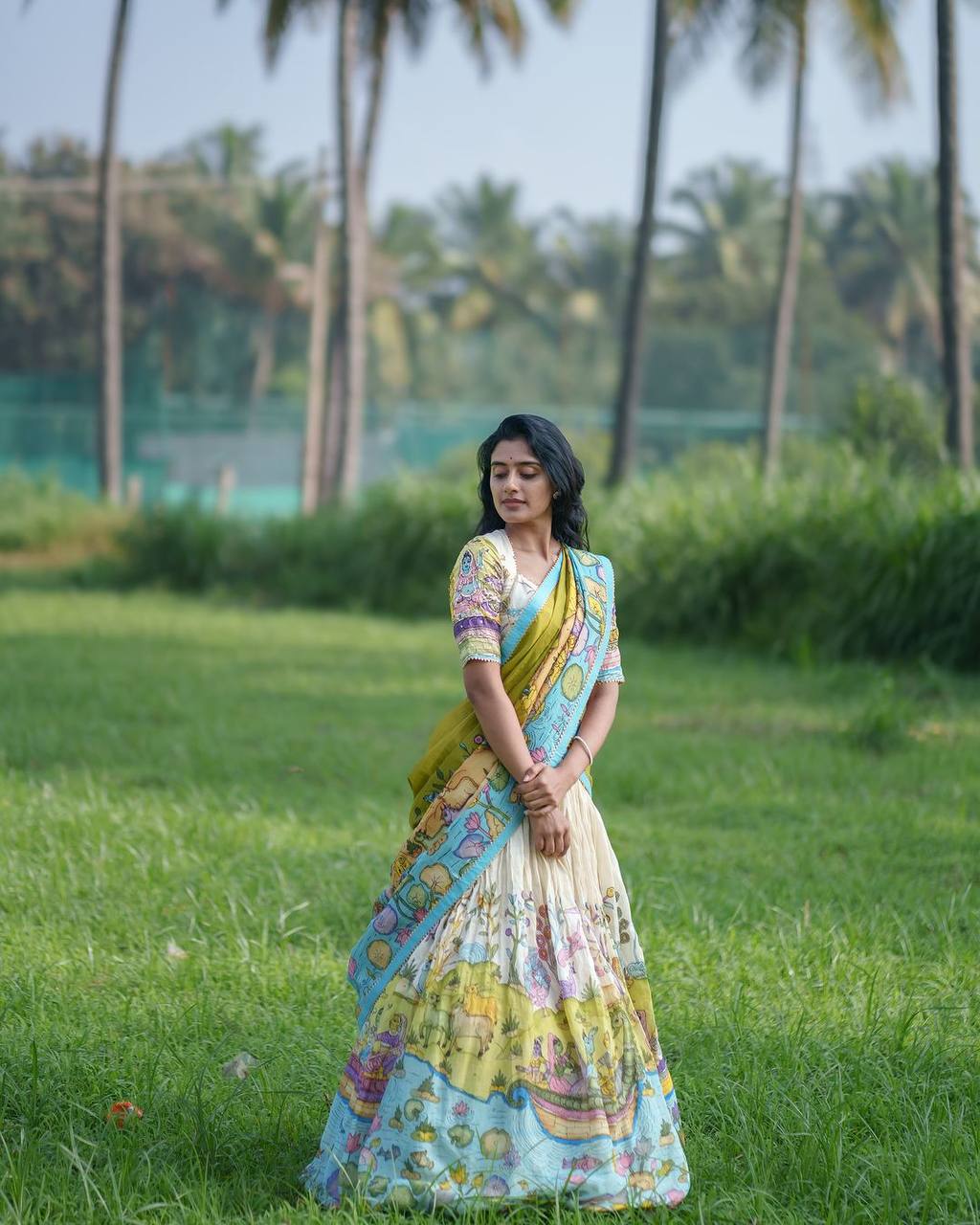 Yellow and Blue Kalamkari Printed Lehenga Choli Set with Contrasting Dupatta