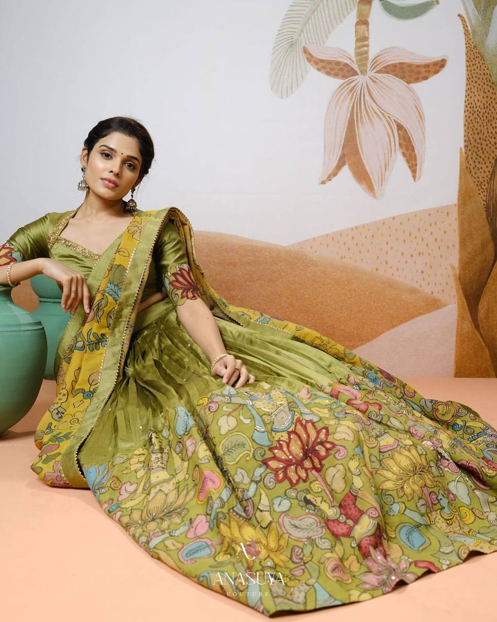 Olive Green Kalamkari Printed Lehenga Choli Set with Dupatta