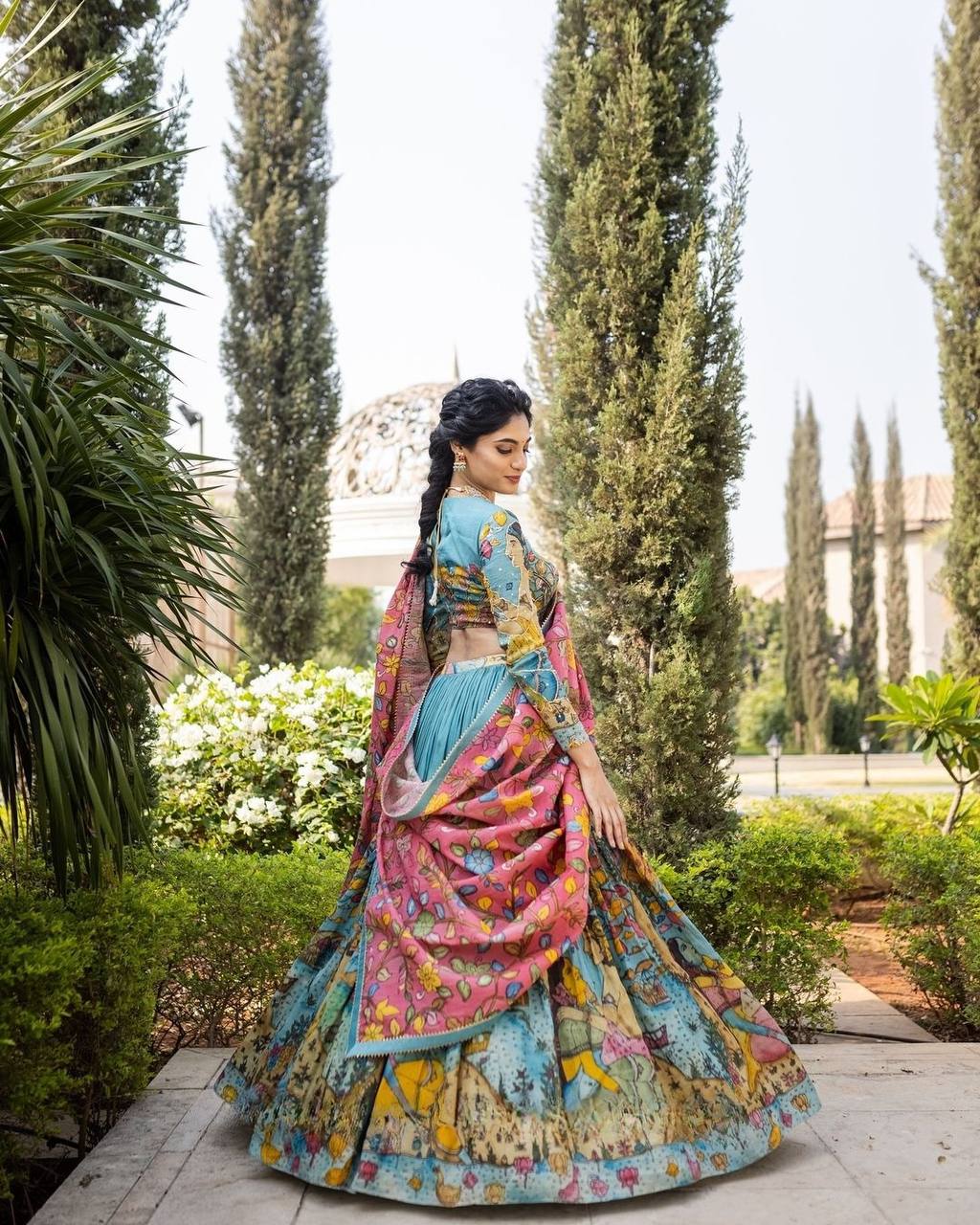 Pastel Blue and Pink Kalamkari Printed Lehenga Choli Set with Dupatta