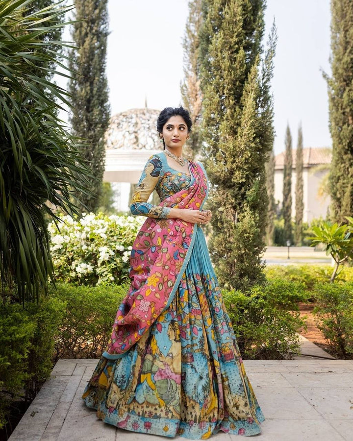 Pastel Blue and Pink Kalamkari Printed Lehenga Choli Set with Dupatta