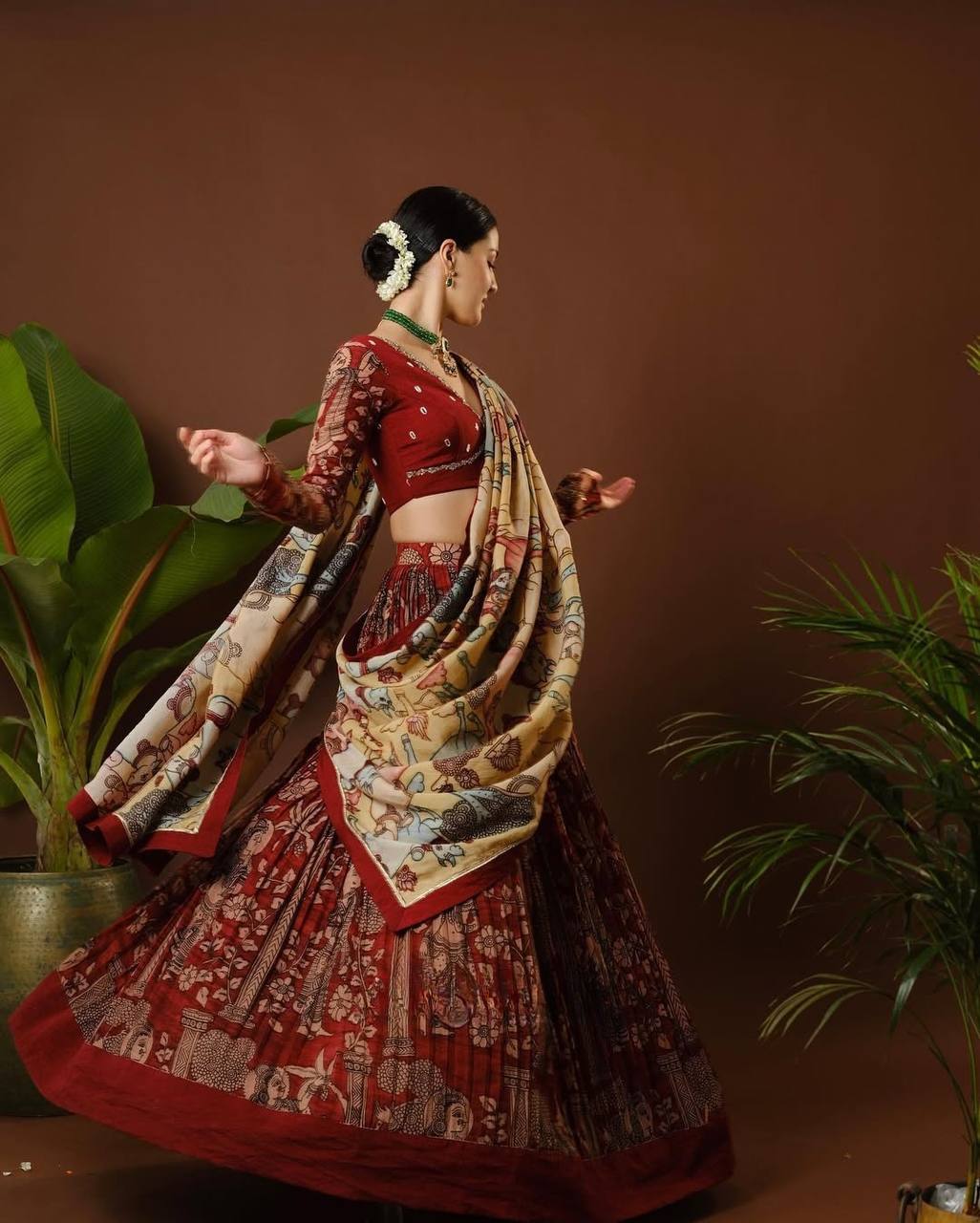 Maroon Kalamkari Printed Chinon Lehenga Choli Set with Dupatta