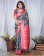 Regal Navy Blue and Pink Floral Banarasi Silk Saree with Tassels