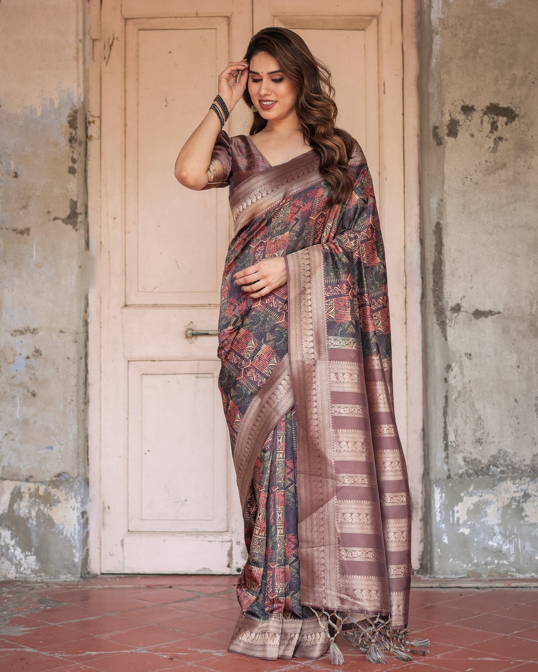 Pure Banarasi Digitally Printed Silk Saree Weaved With Zari Comes With Tassels. - Almaari Fashion