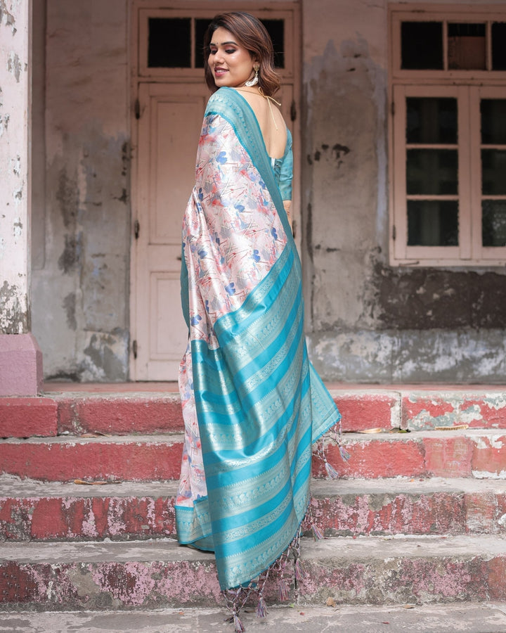 Pure Banarasi Digitally Printed Silk Saree Weaved With Zari Comes With Tassels - Almaari Fashion