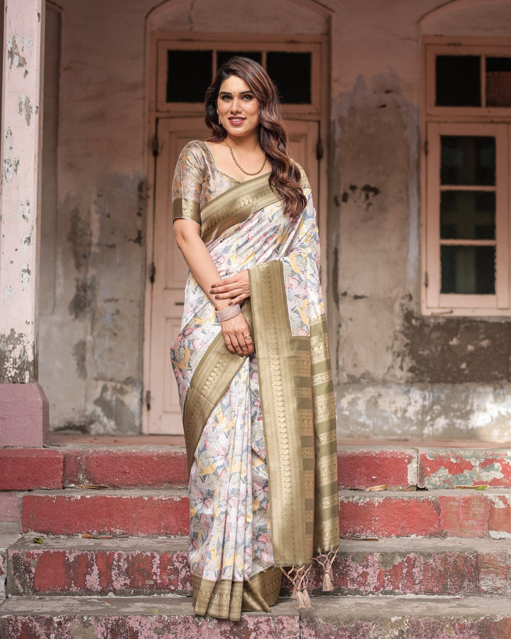 Pure Banarasi Digitally Printed Silk Saree Weaved With Zari Comes With Tassels - Almaari Fashion