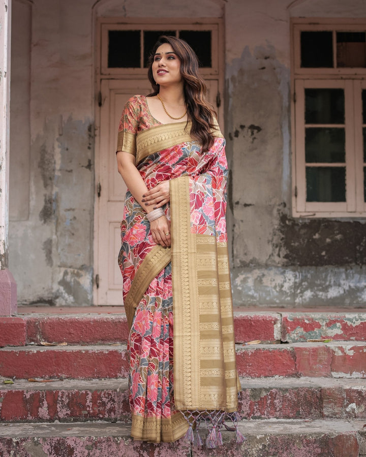 Pure Banarasi Digitally Printed Silk Saree Weaved With Zari Comes With Tassels - Almaari Fashion