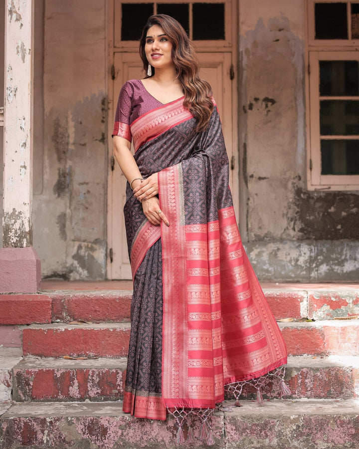 Pure Banarasi Digitally Printed Silk Saree Weaved With Zari Comes With Tassels - Almaari Fashion