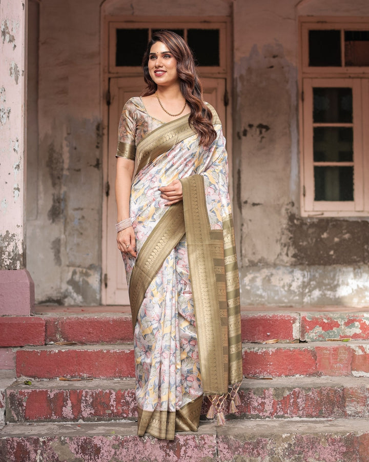 Pure Banarasi Digitally Printed Silk Saree Weaved With Zari Comes With Tassels - Almaari Fashion