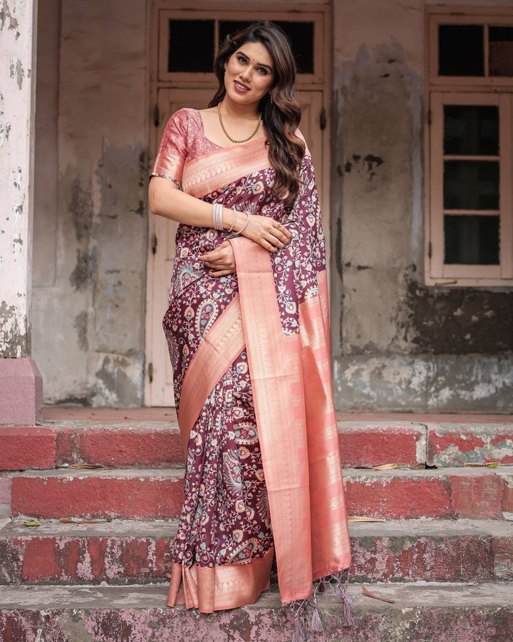 Pure Banarasi Digitally Printed Silk Saree Weaved With Zari Comes With Tassels - Almaari Fashion