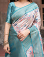 Mesmerizing Aqua Banarasi Silk Saree with Digital Print and Tassels