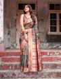 Multicolor Geometric Print Banarasi Silk Saree with Copper Zari Border