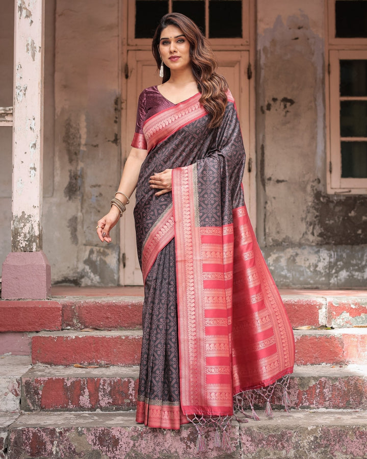 Pure Banarasi Digitally Printed Silk Saree Weaved With Zari Comes With Tassels - Almaari Fashion