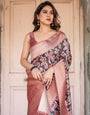 Black Banarasi Silk Saree with Bold Leaf Digital Print & Rosy Pink Zari Border