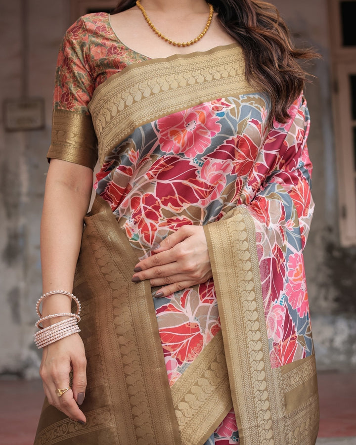 Pure Banarasi Digitally Printed Silk Saree Weaved With Zari Comes With Tassels - Almaari Fashion