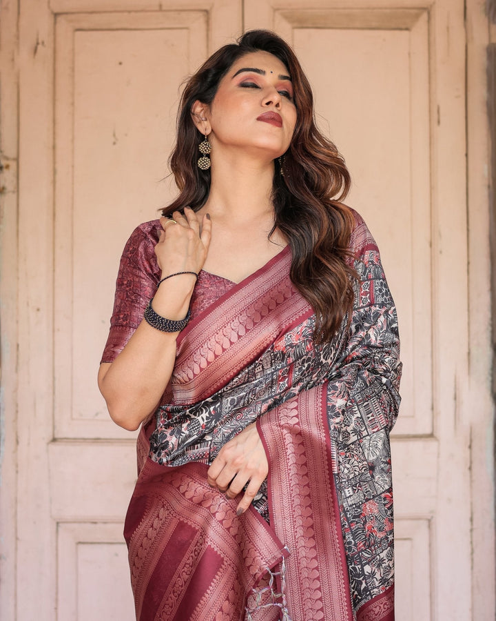 Pure Banarasi Digitally Printed Silk Saree Weaved With Zari Comes With Tassels. - Almaari Fashion