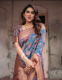 Teal Banarasi Silk Saree with Rust Zari Border and Floral Motifs