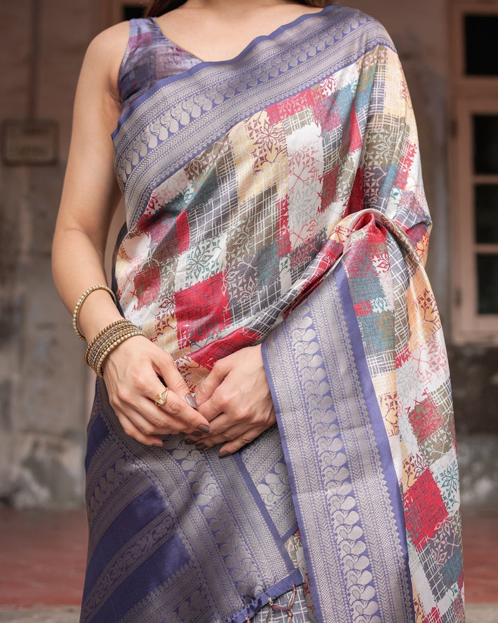 Pure Banarasi Digitally Printed Silk Saree Weaved With Zari Comes With Tassels - Almaari Fashion